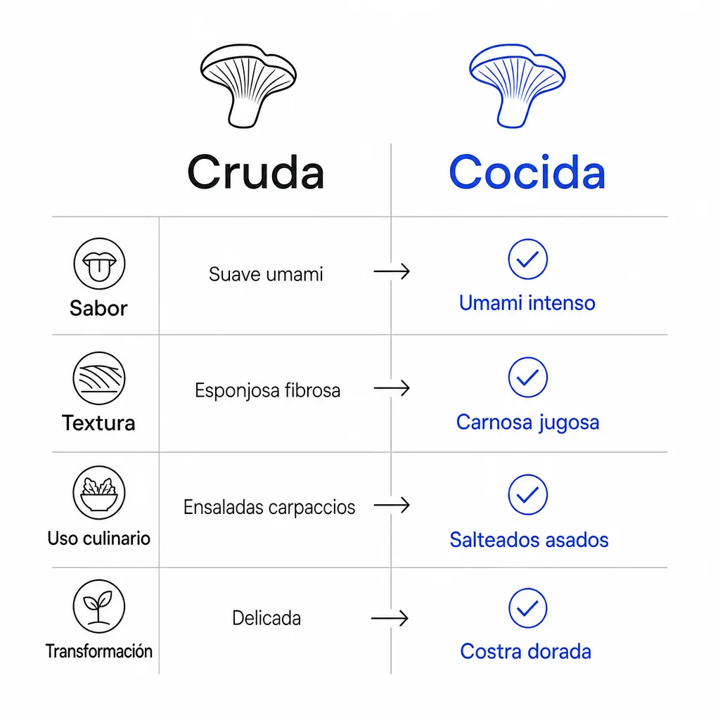 Infografía comparativa que muestra diferencias de sabor y textura entre melena de león cruda y cocida.