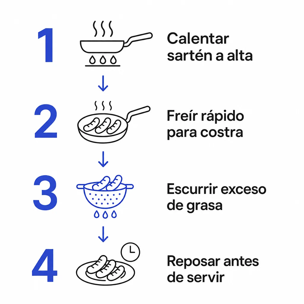 Infografía con pasos para cocinar chorizo que reduce la grasa y mantiene jugosidad, mostrando cuatro pasos claros