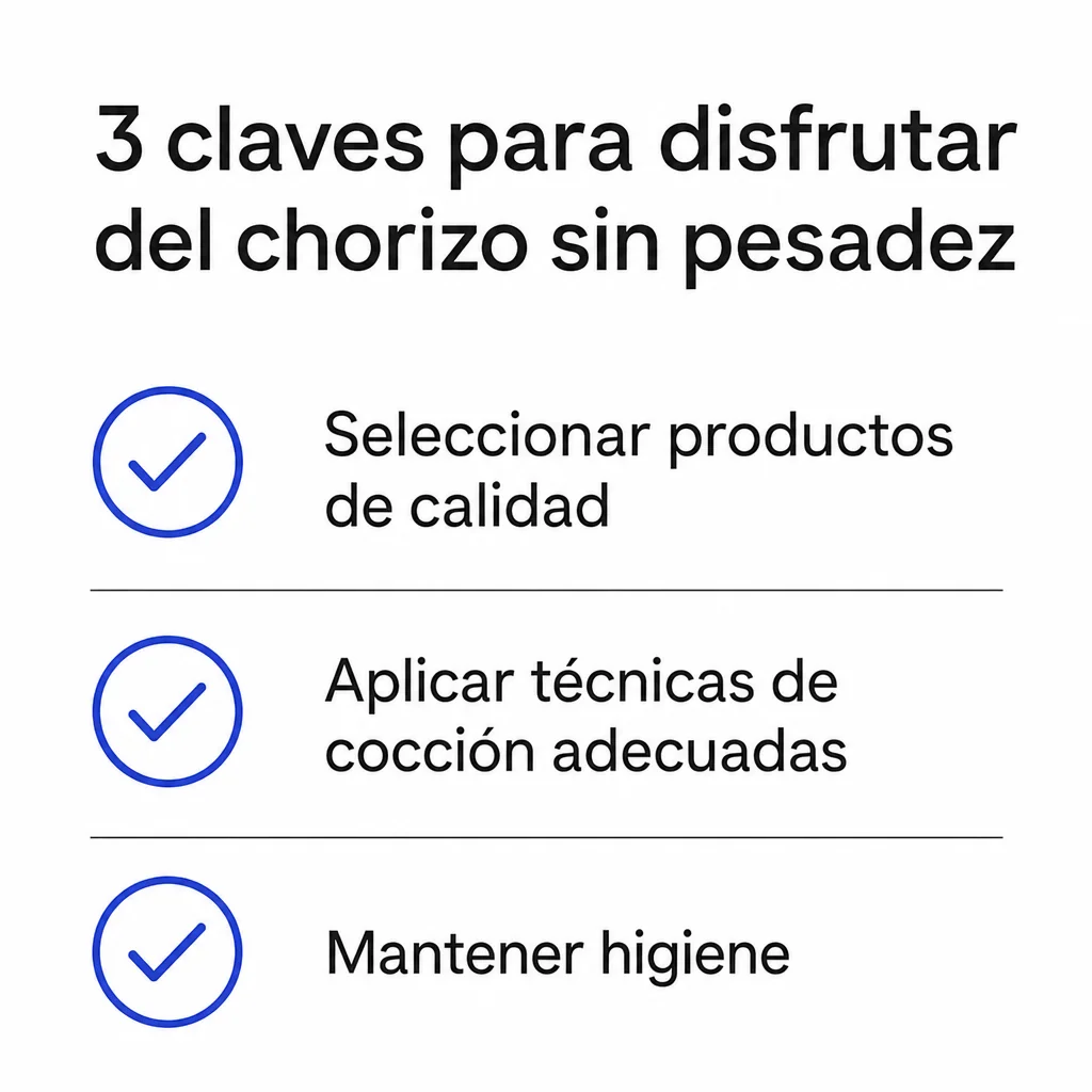 Checklist con tres recomendaciones para disfrutar del chorizo sin sensación de pesadez: seleccionar calidad, cocinar bien y mantener higiene