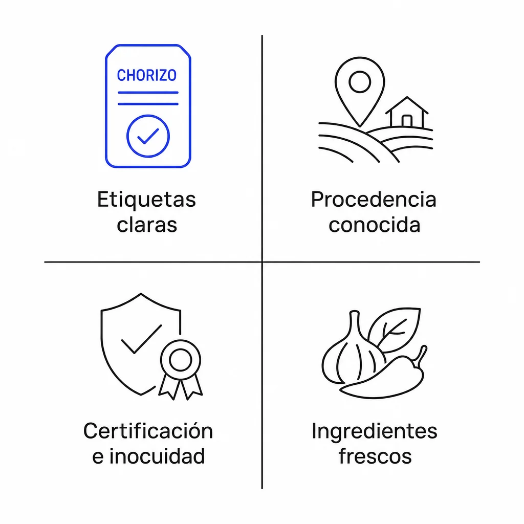 Cuadrícula de iconos que muestra criterios para elegir chorizo confiable como etiquetas, procedencia, certificación e ingredientes frescos